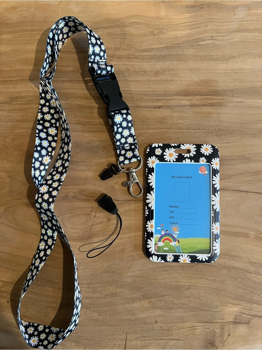 Daisy Print Black Lanyard with ID Badge Holder